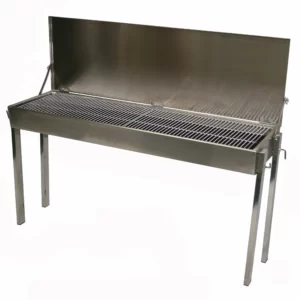 A zoomed out image of a shiny silver charcoal barbecue, which is slightly slanted.