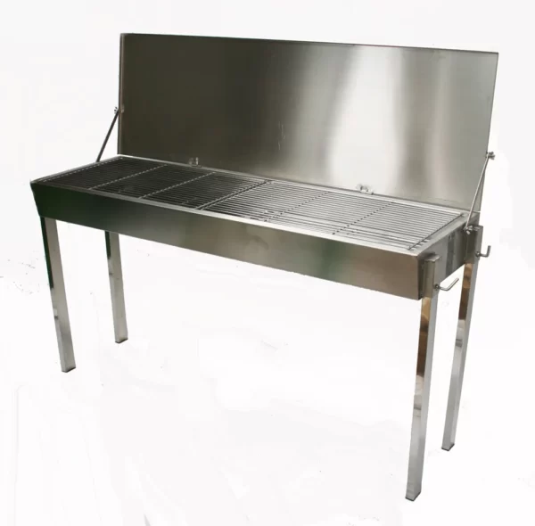A shiny Silver charcoal BBQ on a grey background